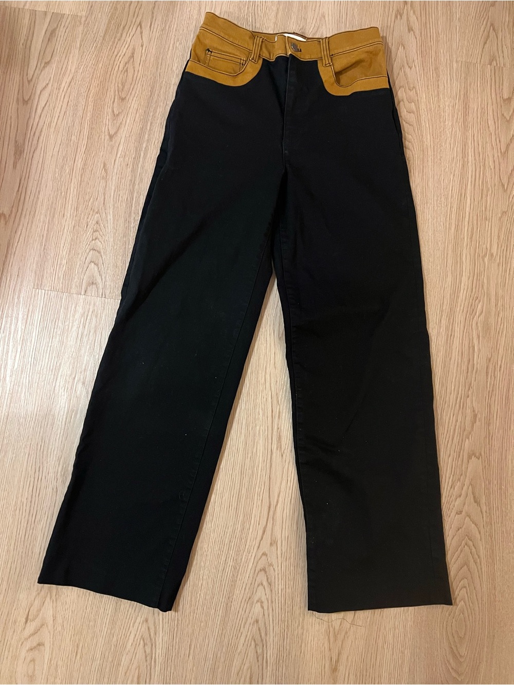 OAK + FORT Colorblock Straight Leg Jeans Black & Tan Size 6